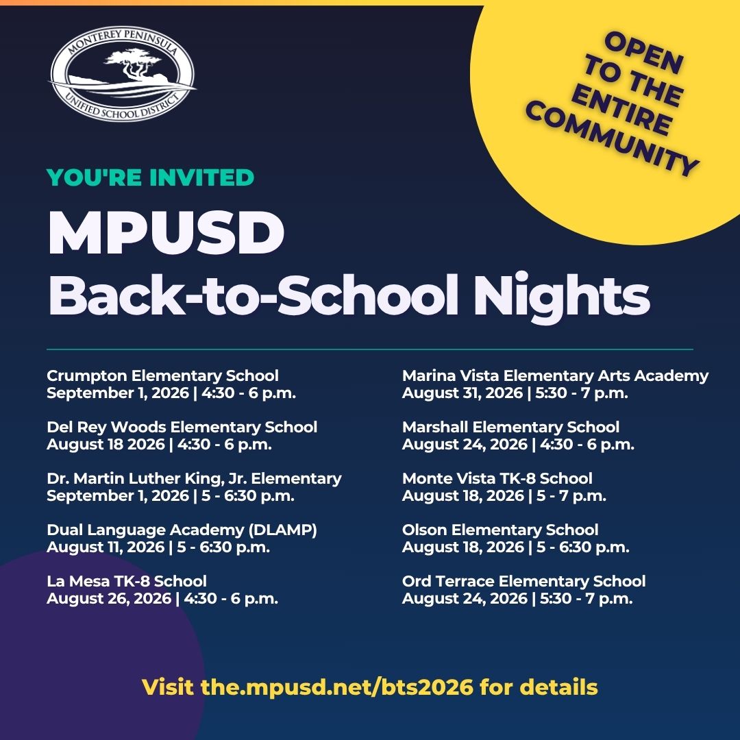 MPUSD Back-to-School Nights invitation with event dates and times.