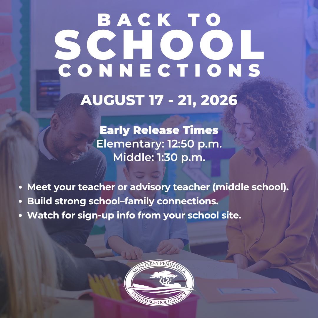 Back to School Connections event flyer with dates August 17-21, 2026, and early release times.