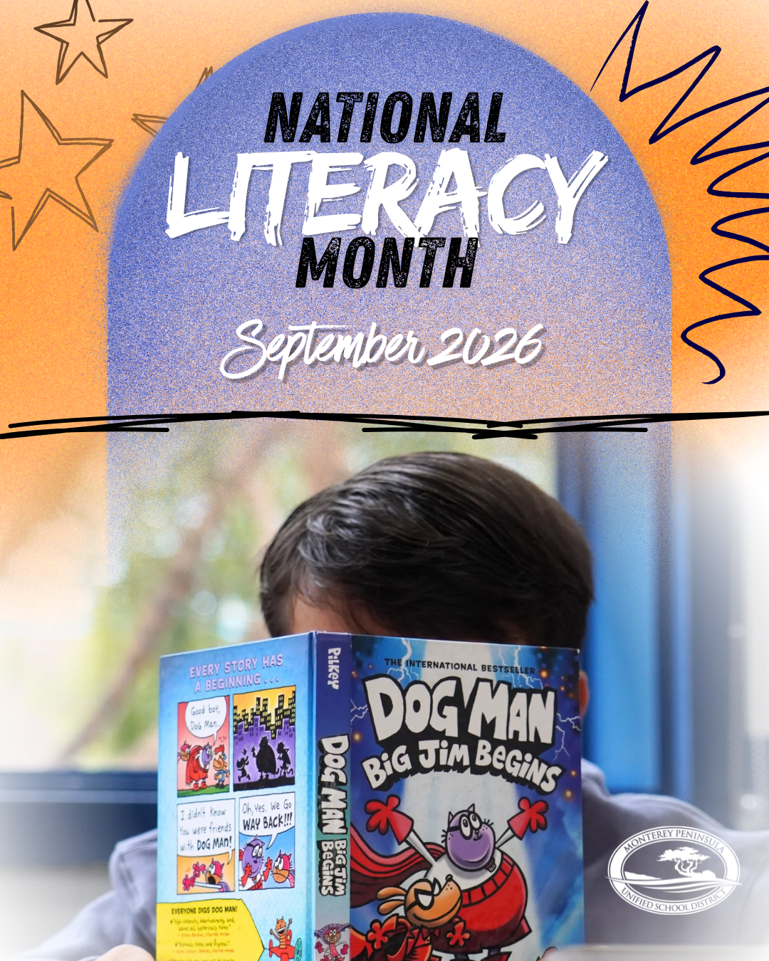 A child reads a 'Dog Man' book, celebrating National Literacy Month in September 2026.