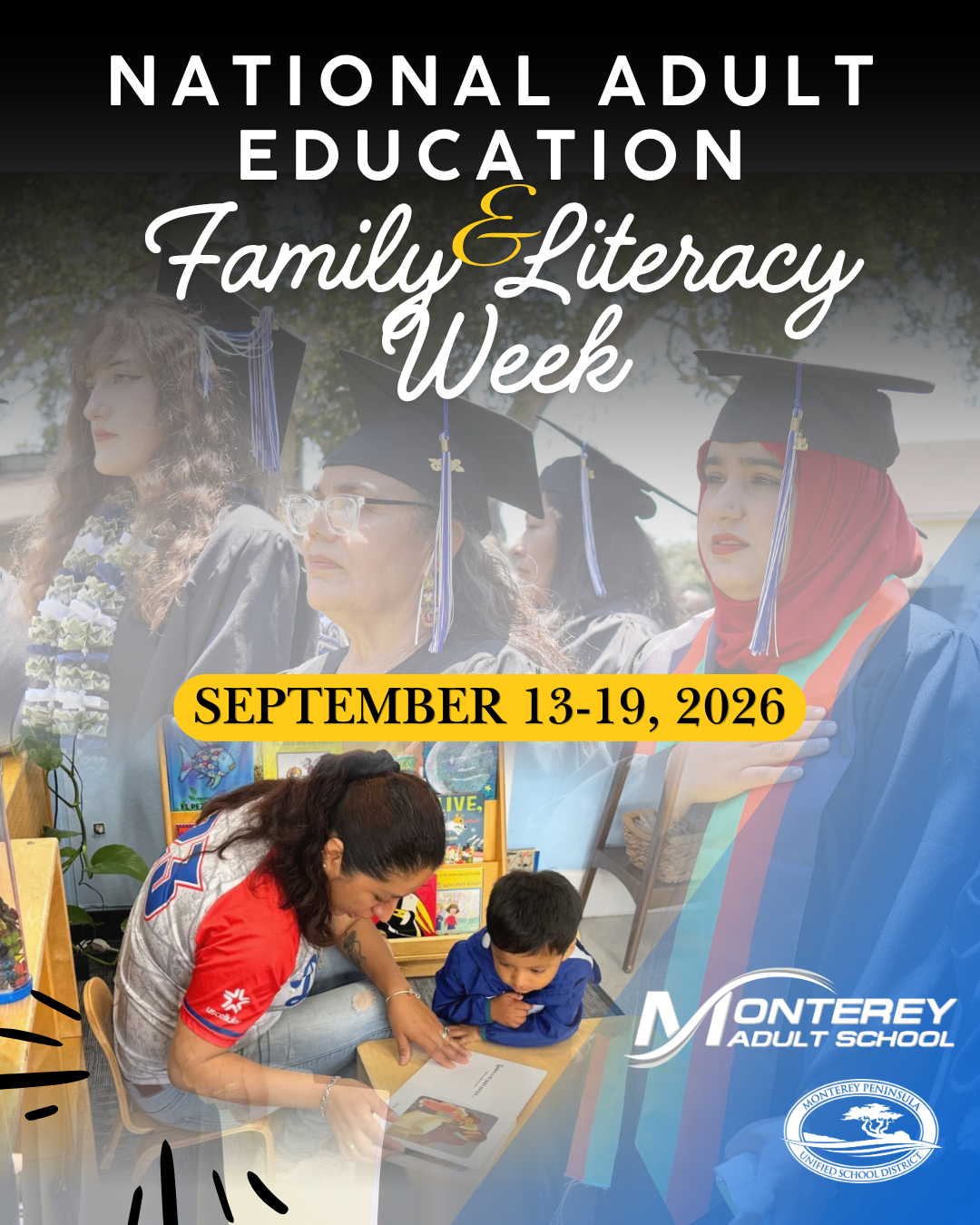 Poster for National Adult Education & Family Literacy Week, September 13-19, 2026, featuring graduates and a parent reading with a child.
