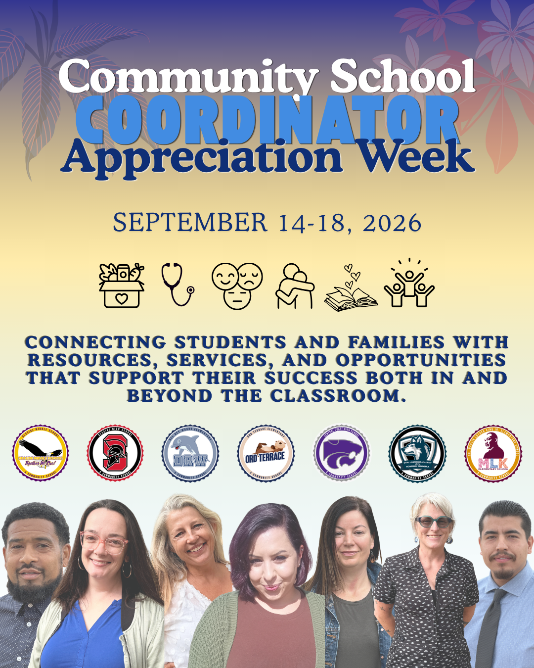 Poster for Community School Coordinator Appreciation Week, September 14-18, 2026.