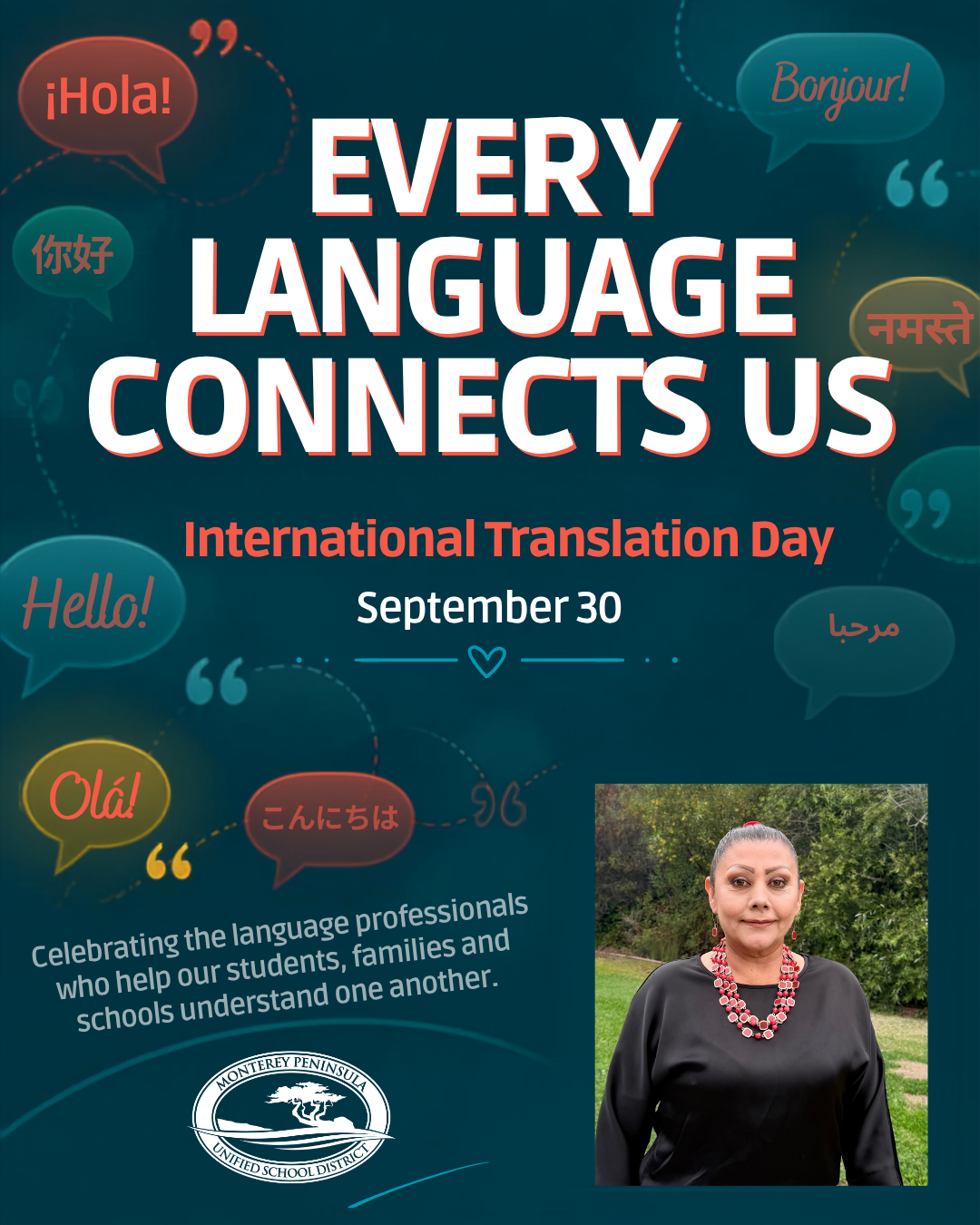 A promotional poster for International Translation Day, featuring the text "Every Language Connects Us" on a teal background with speech bubbles containing greetings in various languages.