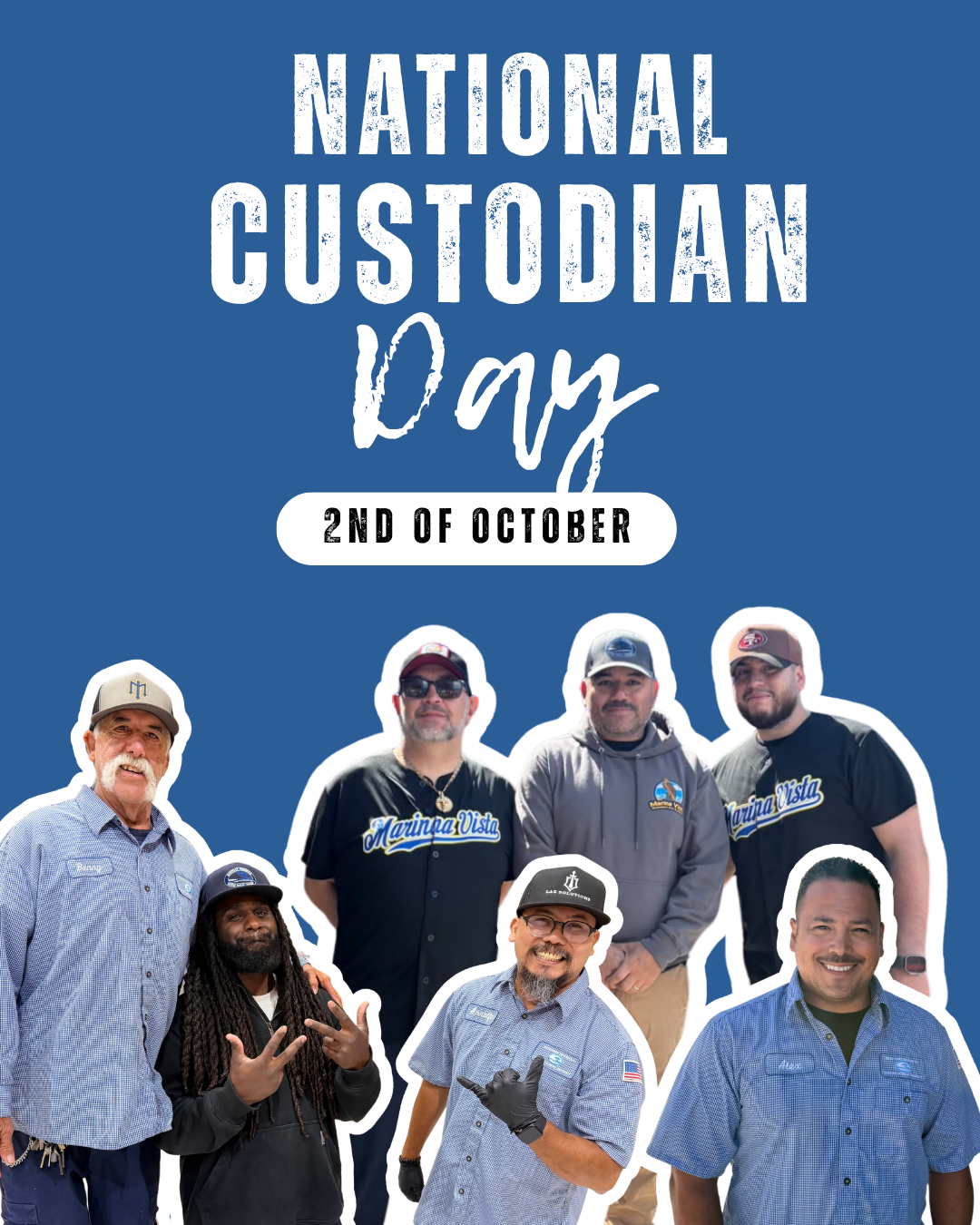 A group of seven smiling workers pose together against a blue background with text reading National Custodian Day 2nd of October.