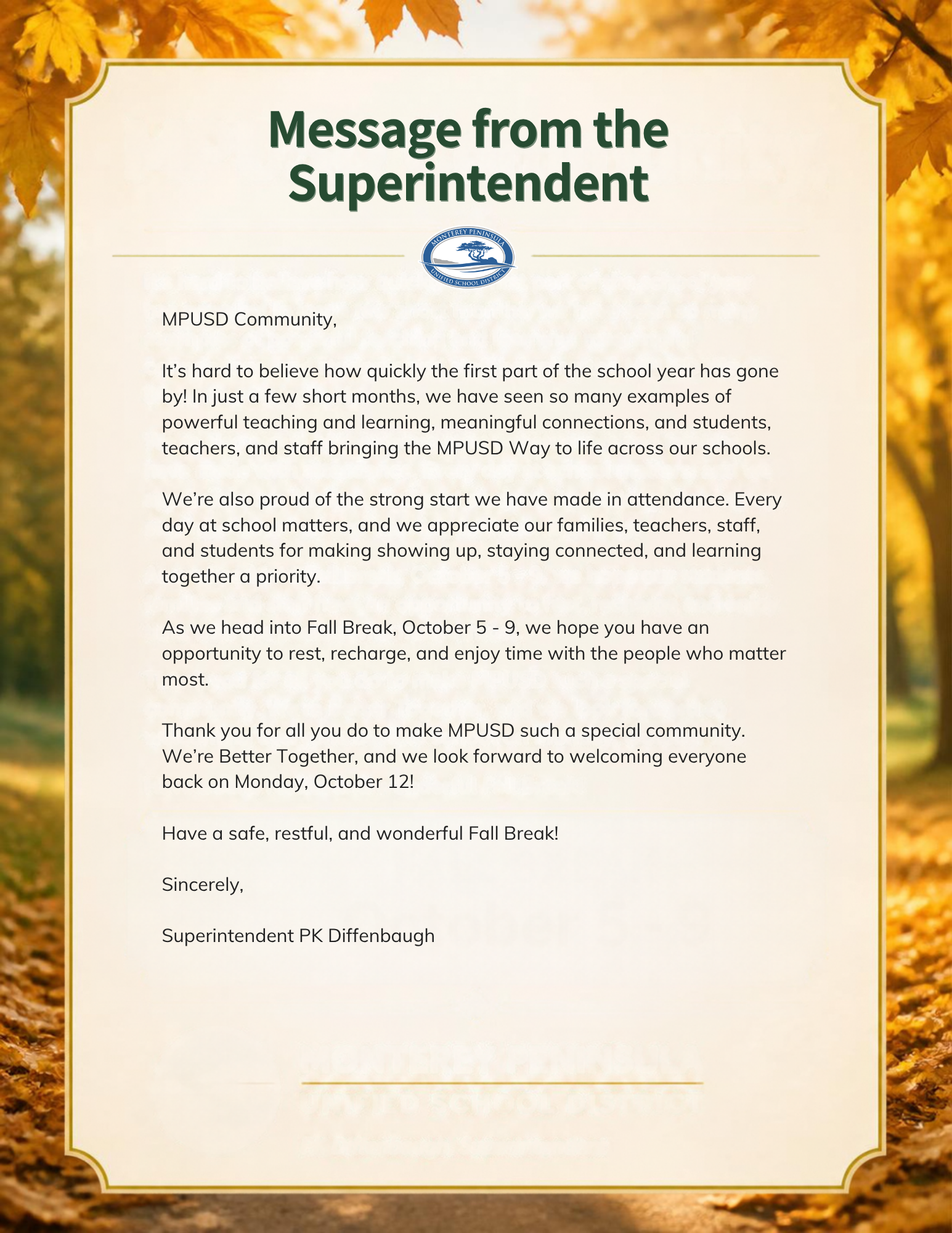 A formal message from the superintendent displayed on a decorated letterhead against an autumn-themed background.