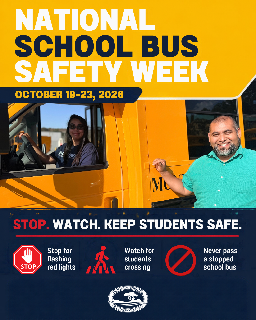 A promotional poster for National School Bus Safety Week, October 19-23, 2026, featuring a school bus driver and a man smiling next to a yellow bus.