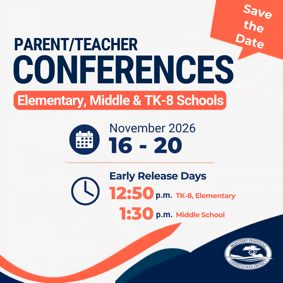 A save the date flyer for parent-teacher conferences at elementary, middle, and TK-8 schools from November 16-20, 2026.