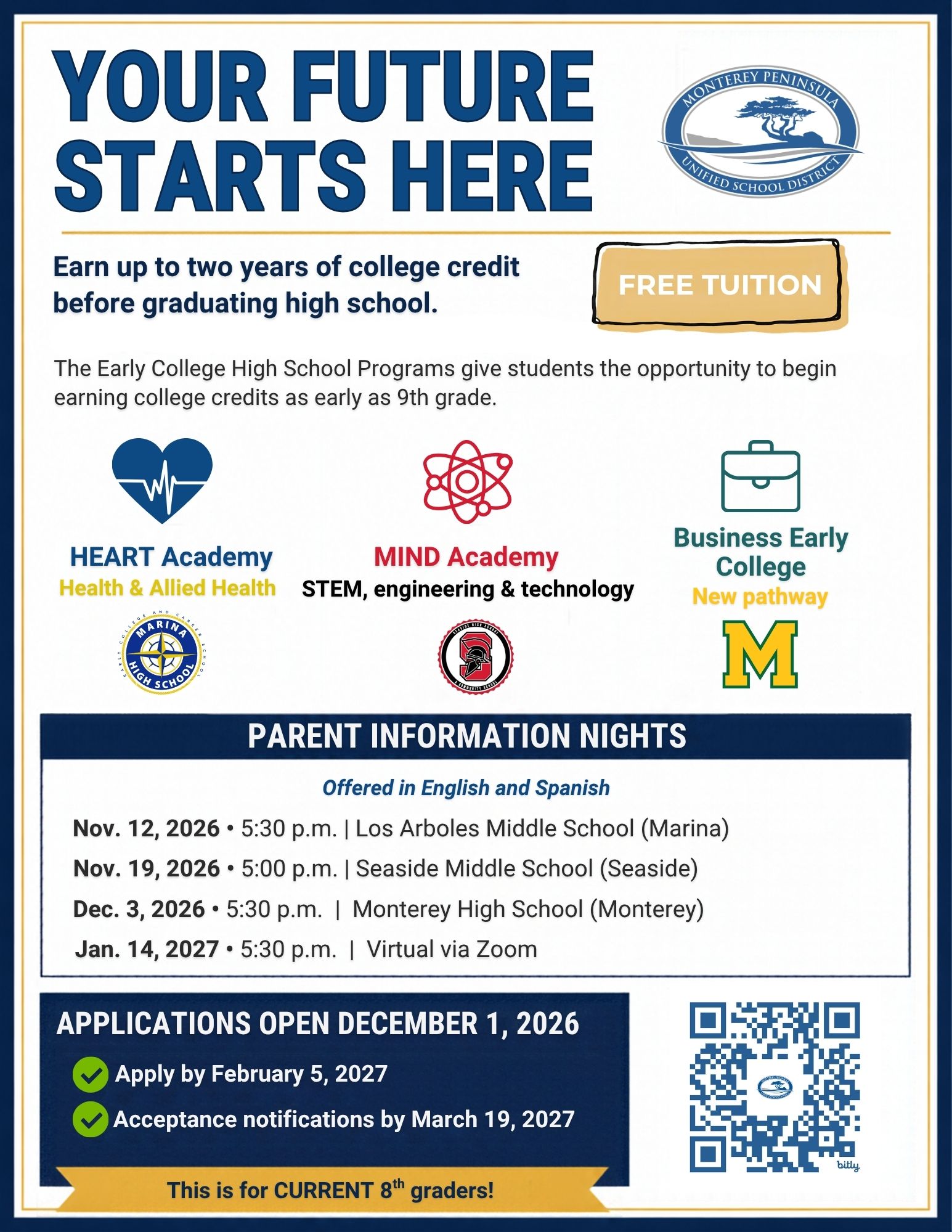 An informational flyer promoting early college programs, featuring the headline 'YOUR FUTURE STARTS HERE' and details on parent information nights.