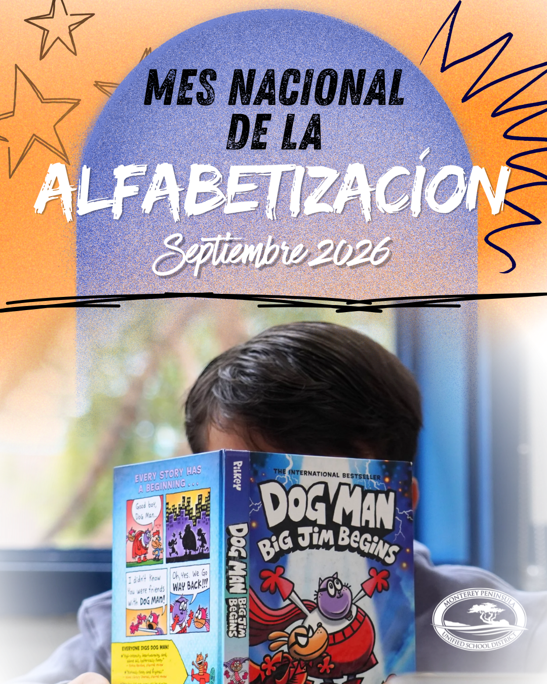 A child reads a "Dog Man" book, with "MES NACIONAL DE LA ALFABETIZACIundefinedN Septiembre 2026" text above.