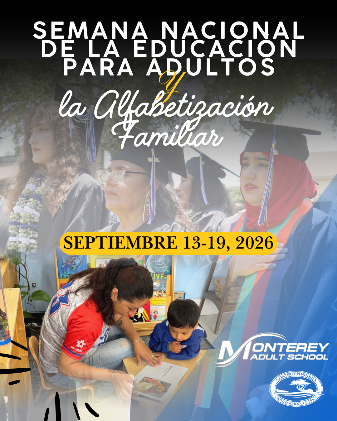 Poster for 'Semana Nacional de la Educaciundefinedn para Adultos' (National Adult Education Week) focusing on 'la Alfabetizaciundefinedn Familiar' (Family Literacy), September 13-19, 2026.