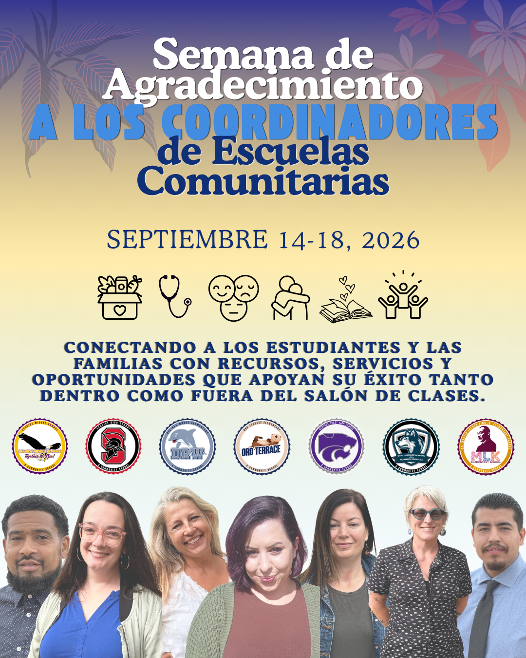Poster for 'Semana de Agradecimiento a los Coordinadores de Escuelas Comunitarias' (Appreciation Week for Community School Coordinators) from September 14-18, 2026.