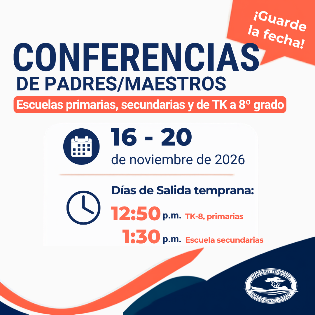 A flyer announcing parent-teacher conferences from November 16-20, 2026, with early dismissal times.