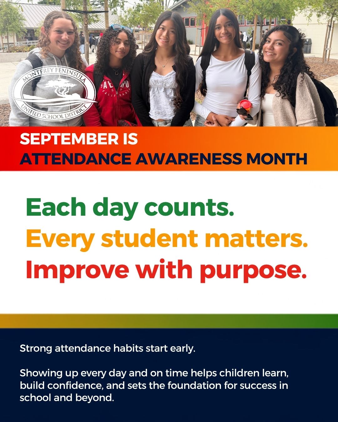 A poster for Attendance Awareness Month featuring five students smiling outdoors, with the text 'Each day counts. Every student matters. Improve with purpose.'