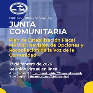 A flyer announces a community meeting with text in Spanish.