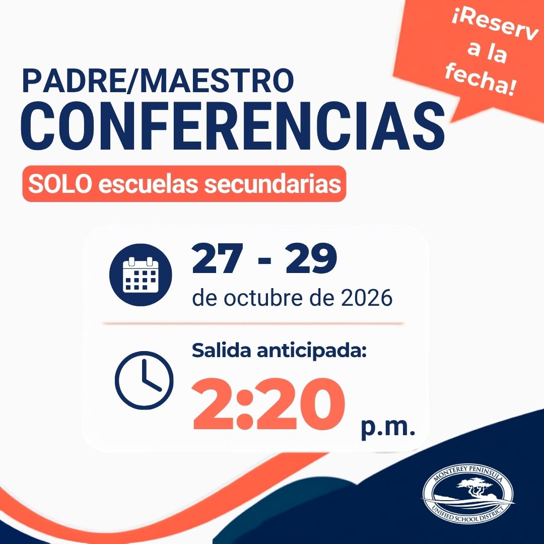 A digital flyer in Spanish announcing parent-teacher conferences for middle schools on October 27-29, 2026, with early dismissal at 2:20 p.m.