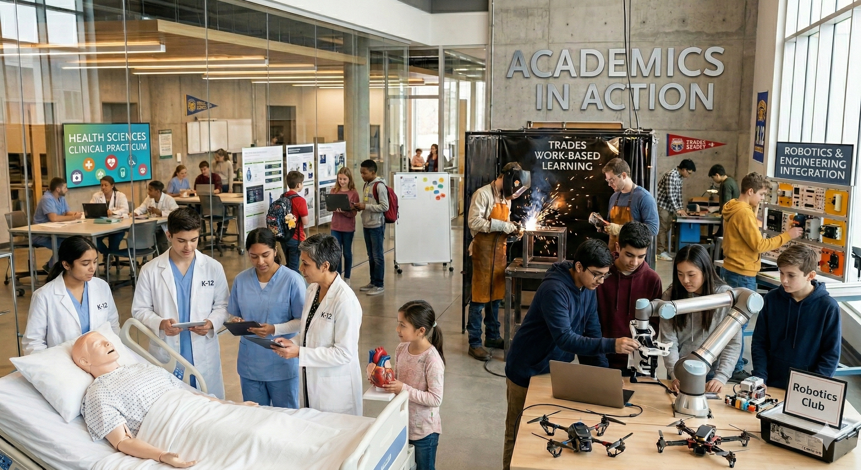 Students collaborate in a modern learning space, with a variety of activities.