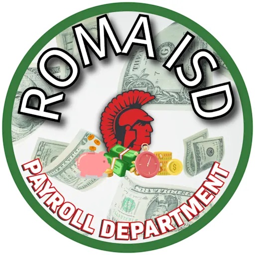 Logo for Roma ISD Payroll Department featuring a Spartan helmet and money.