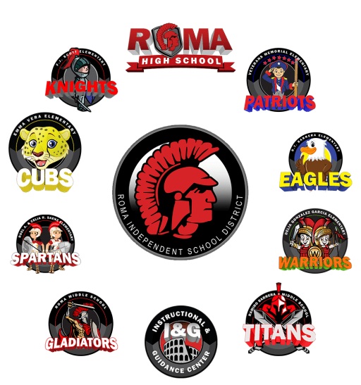 Roma High School logo with various team mascots arranged in a circle.