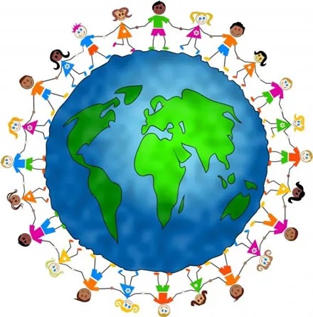 Diverse children of all skin tones hold hands in a circle around a colorful globe.