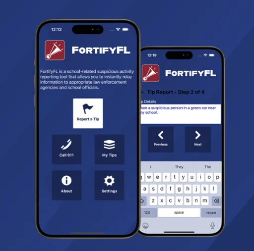 Two smartphones display the FortifyFL app interface against a blue background.