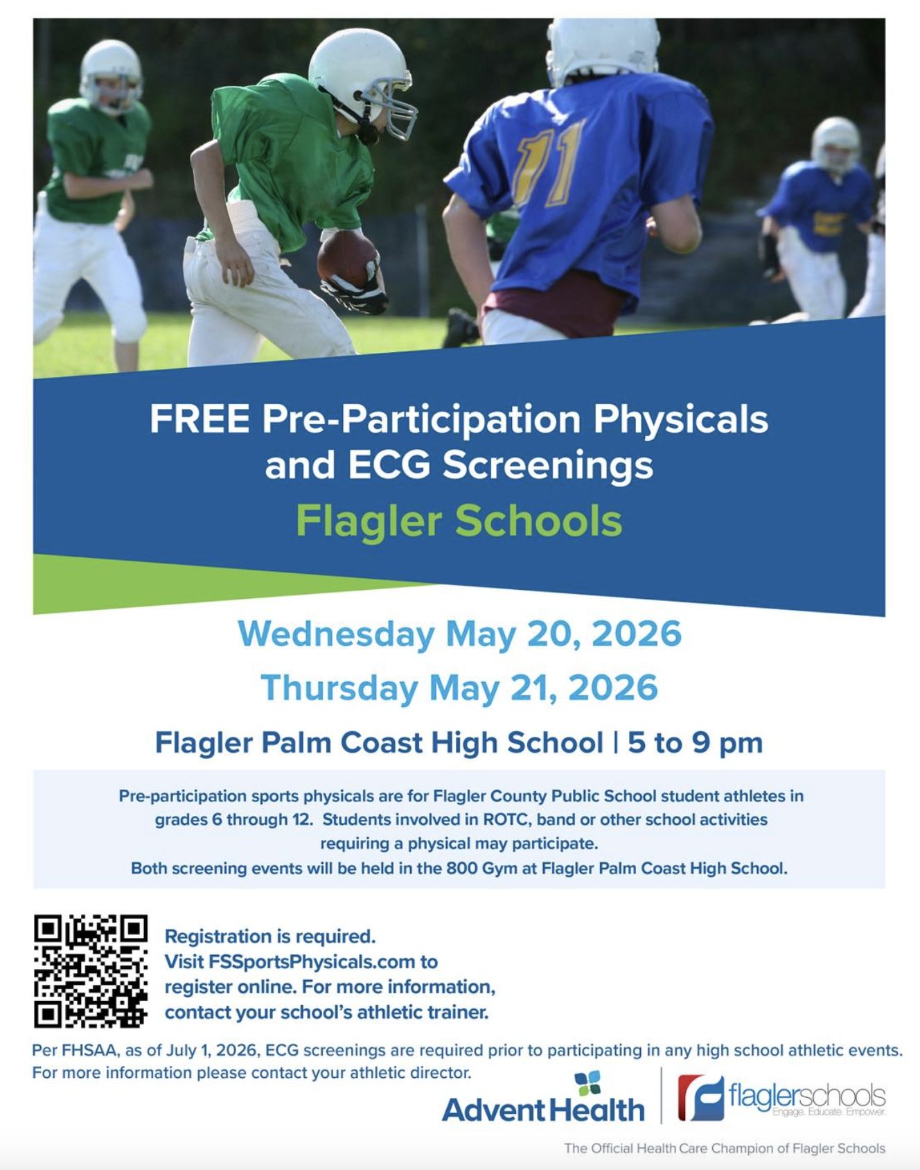 Flyer promoting free pre-participation physicals and ECG screenings for Flagler Schools.