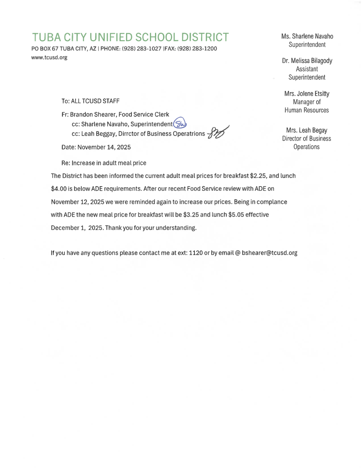 A letter from Tuba City Unified School District regarding an increase in school meal prices.