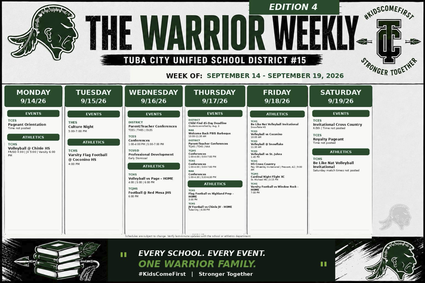 A school newsletter titled 'The Warrior Weekly' displays a weekly schedule from September 14 to September 19, 2020.