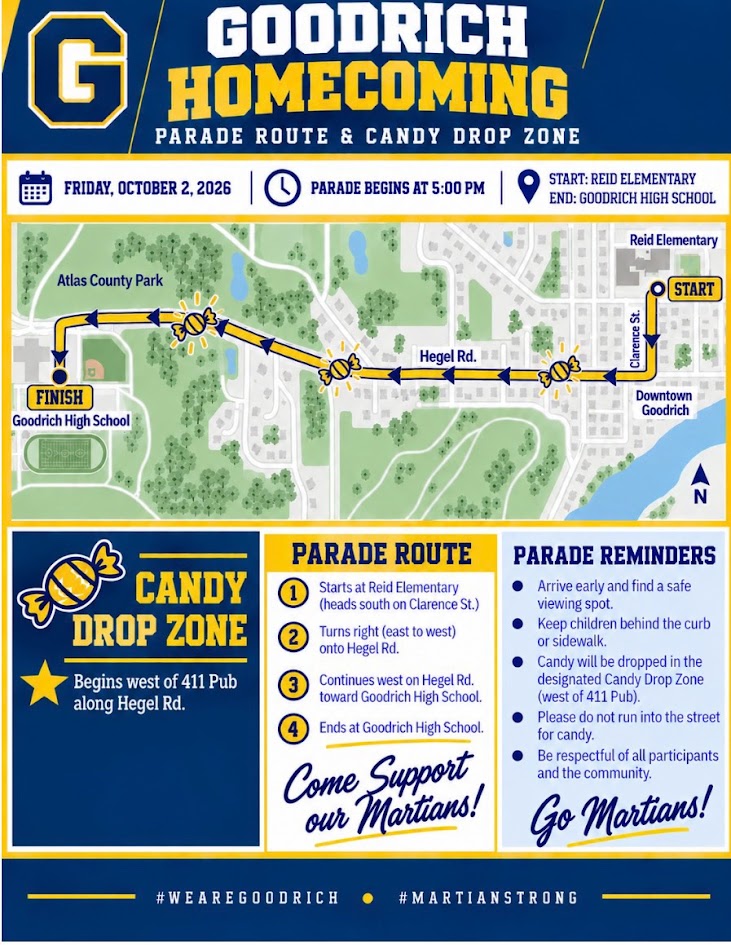  Goodrich Homecoming Parade Route and Candy Drop Zone, scheduled for Friday, October 2, 2026.