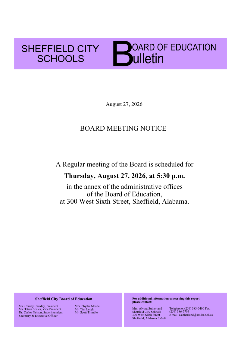 Sheffield City Schools Board of Education Bulletin announcing a board meeting on Thursday, August 27, 2036, at 5:30 p.m.