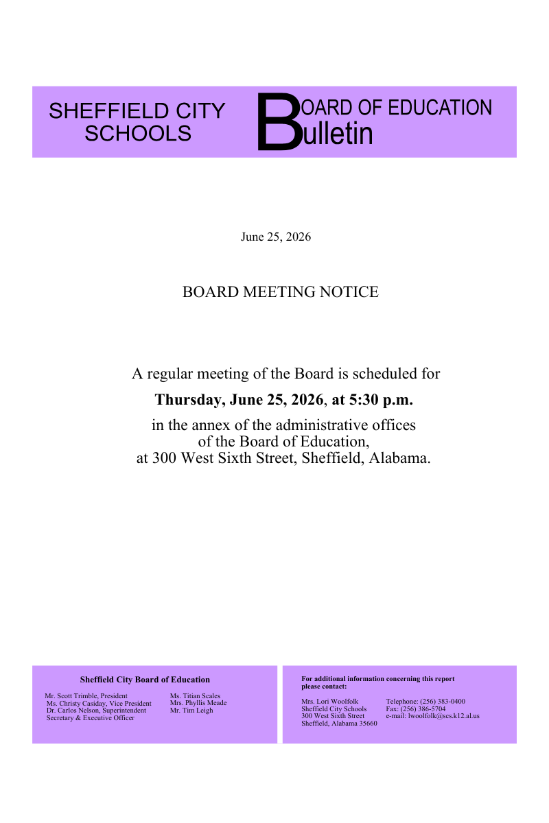 Sheffield City Schools Board of Education Bulletin dated June 28, 2006, announcing a board meeting.