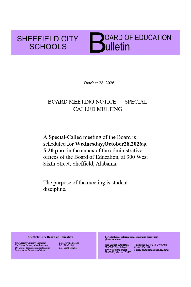 A Sheffield City Schools Board of Education bulletin announces a special called meeting on October 28, 2020.