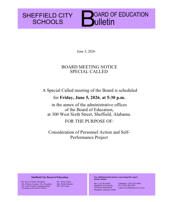 Sheffield City Schools Board of Education Bulletin announcing a special called board meeting on Friday, June 3, 2016, at 9:30 p.m.