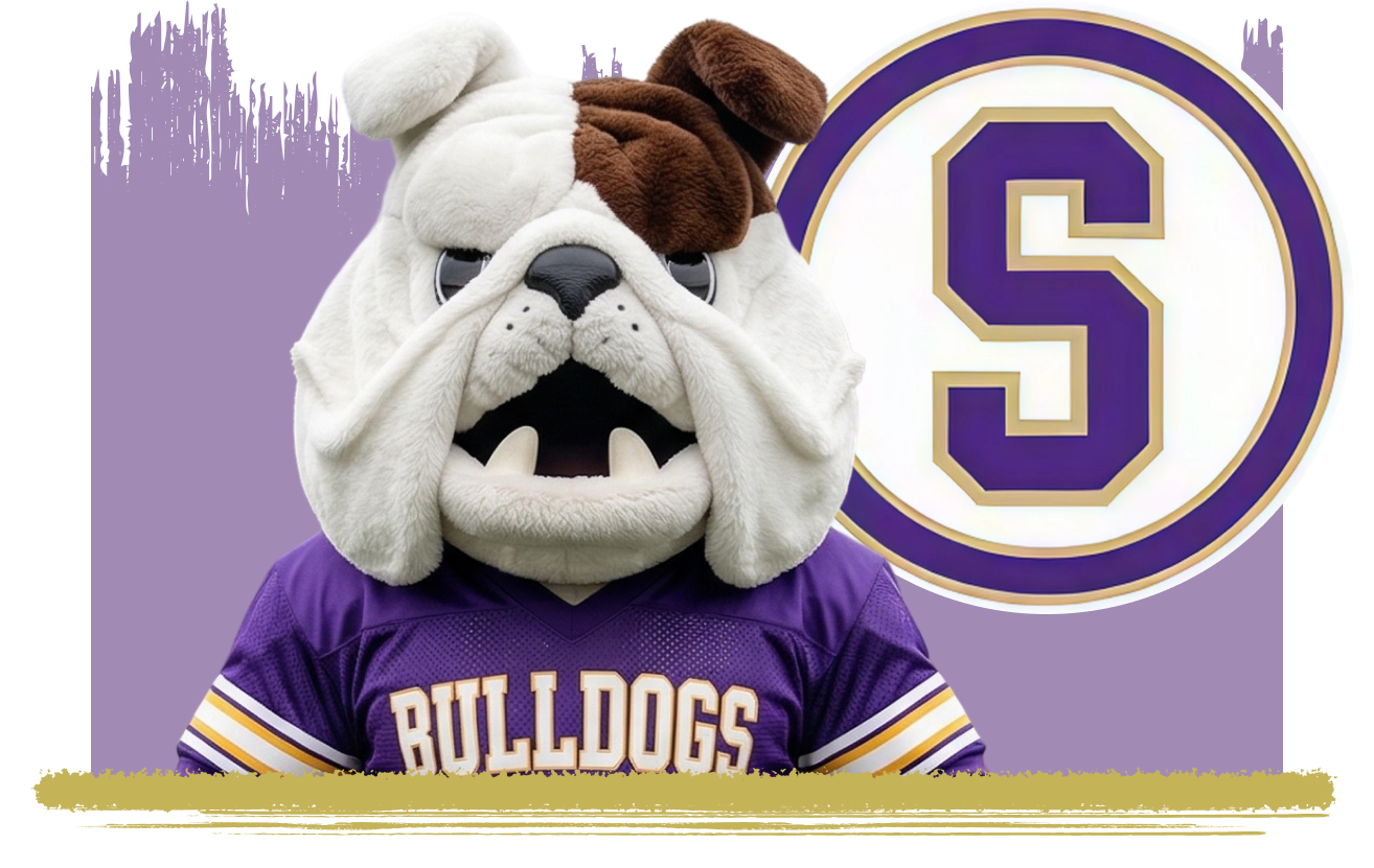 A bulldog mascot wearing a purple jersey with 'BULLDOGS' on it.