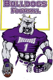 A cartoon bulldog mascot in a purple football uniform, holding a helmet and football.