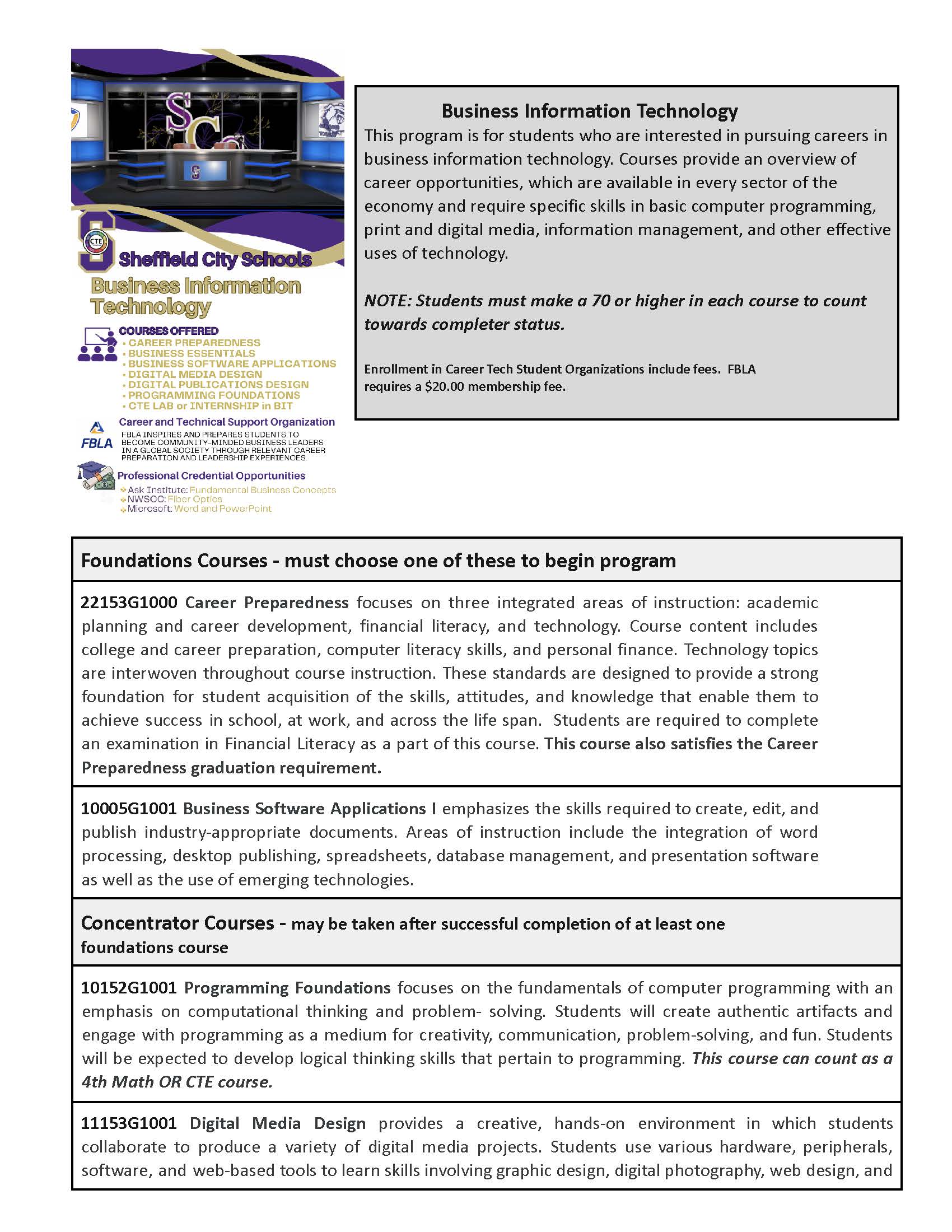 A flyer for a Business Information Technology program with course descriptions.