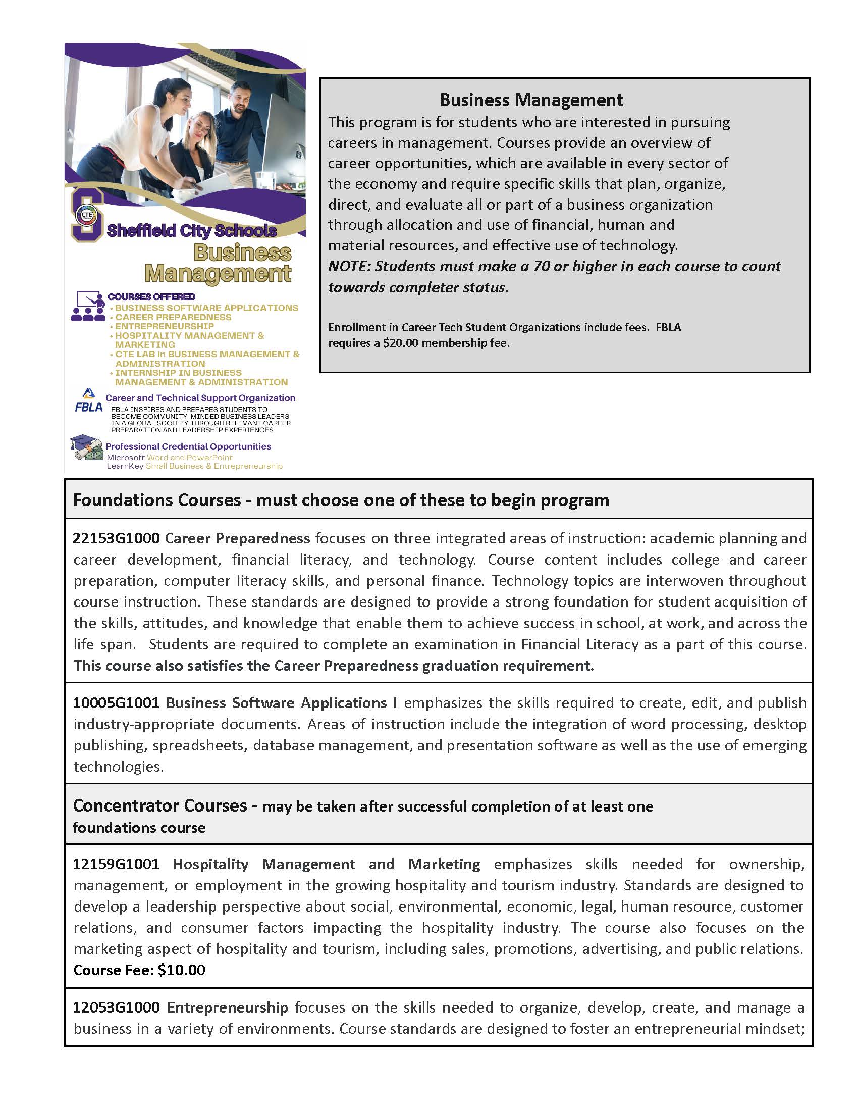Brochure for a Business Management program, detailing courses and requirements.