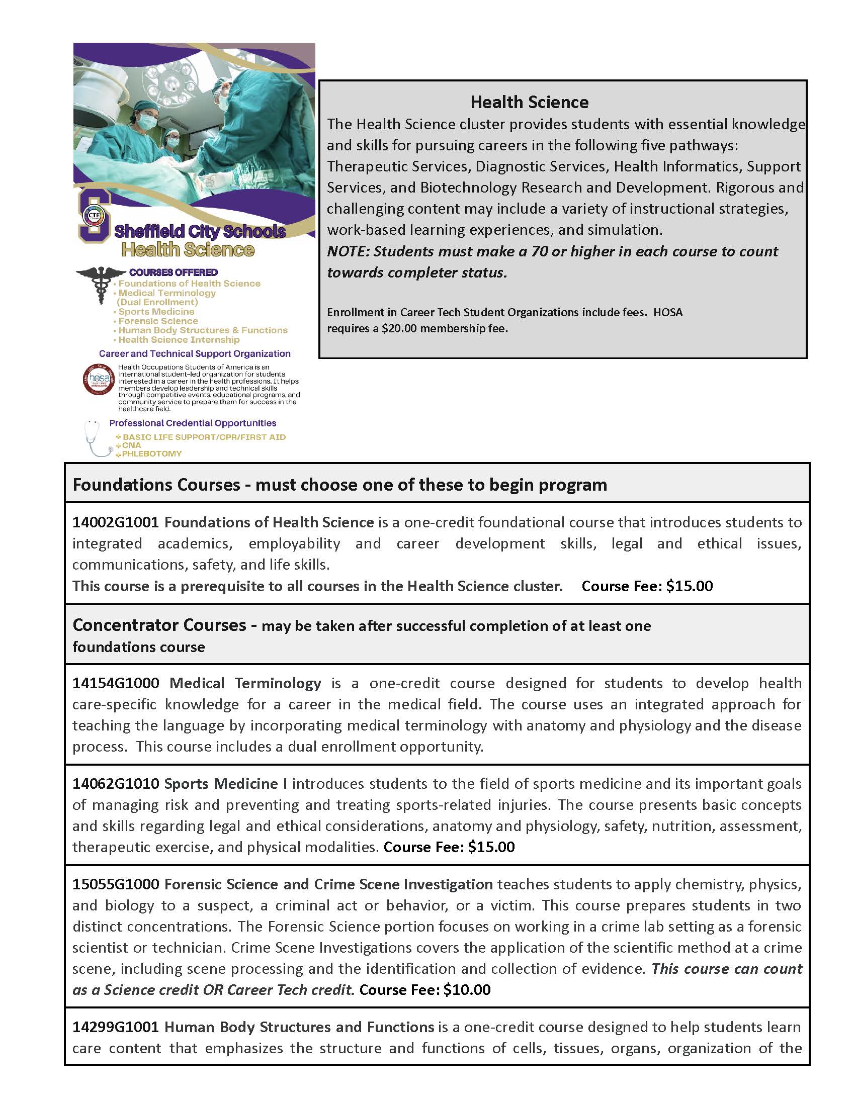 A flyer for Health Science courses at a college, featuring medical imagery and course descriptions.