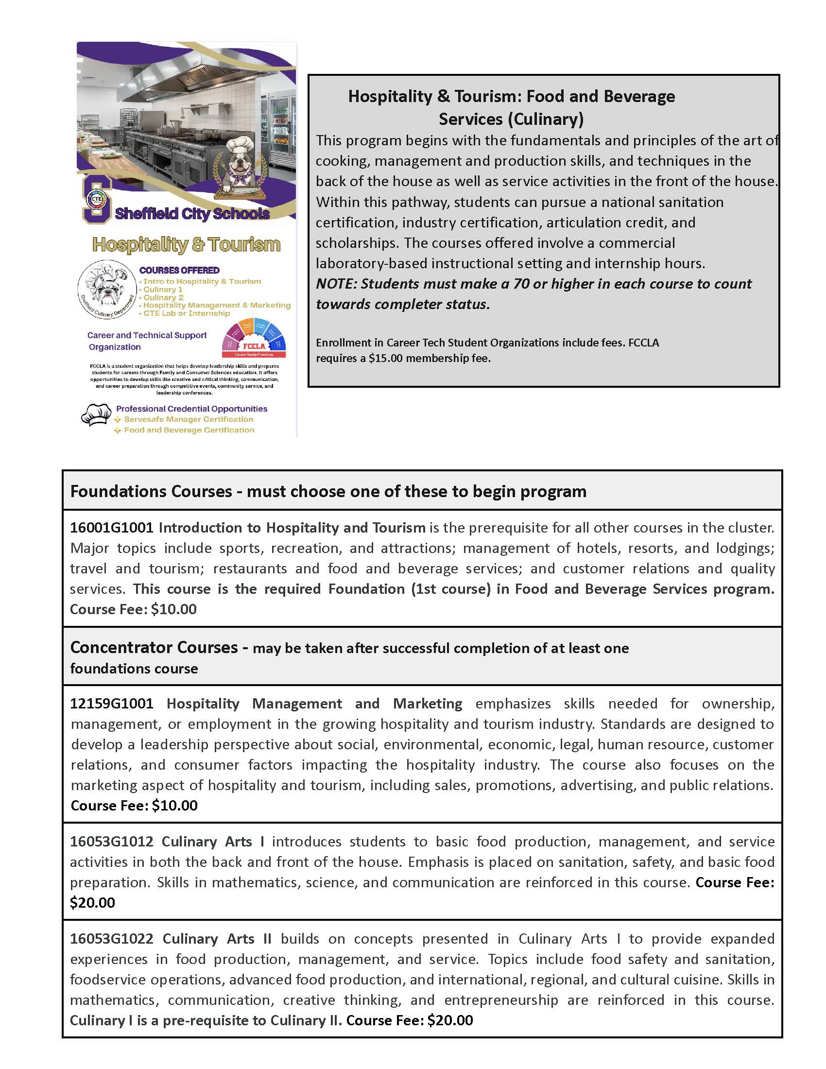 A flyer for Hospitality & Tourism, Food and Beverage Services courses, featuring an image of a train.