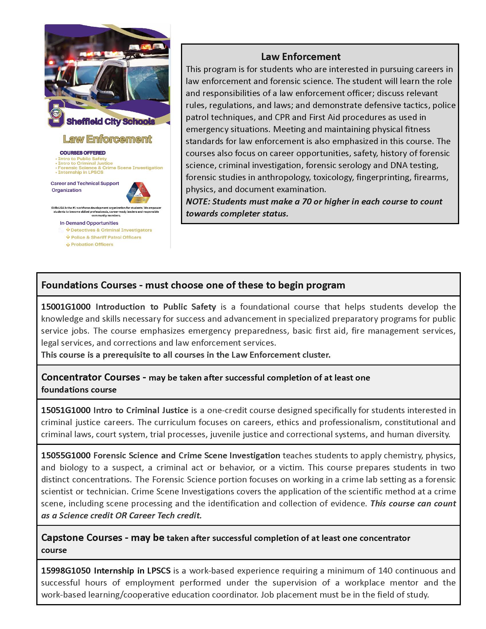 A flyer with text about Law Enforcement courses and a small image of police cars.