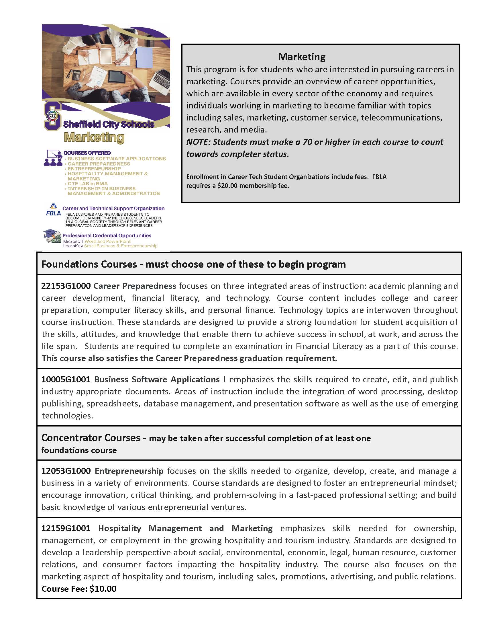 A flyer for a Digital Marketing program at Bradford College, detailing course descriptions and costs.