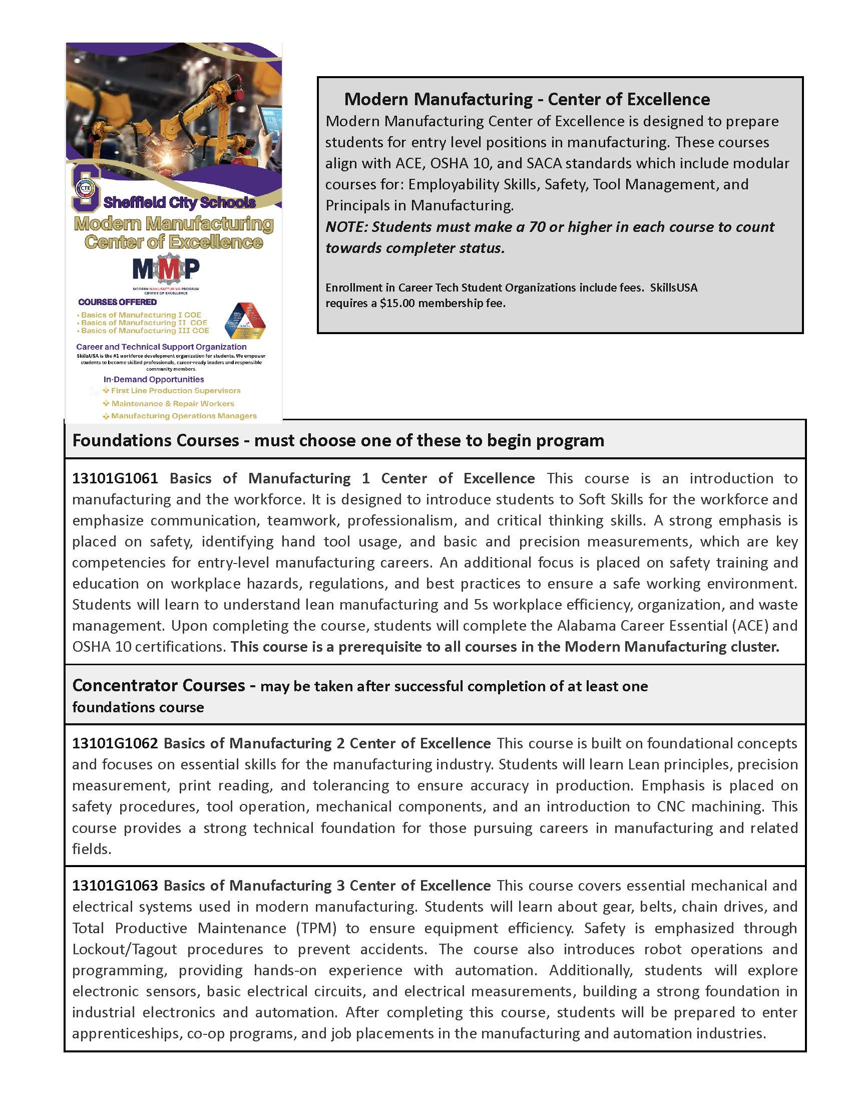 A flyer for the "Advanced Manufacturing - Center of Excellence" program, detailing its courses and benefits.