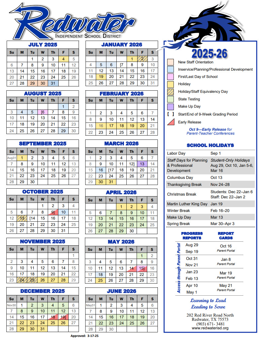 A Redwater School District calendar for the 2025-2026 school year.