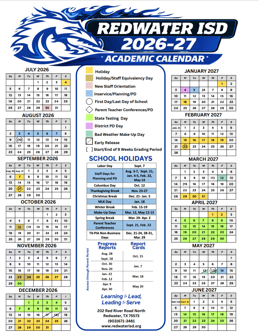 Redwater ISD 2026-27 Academic Calendar with a blue and white logo.