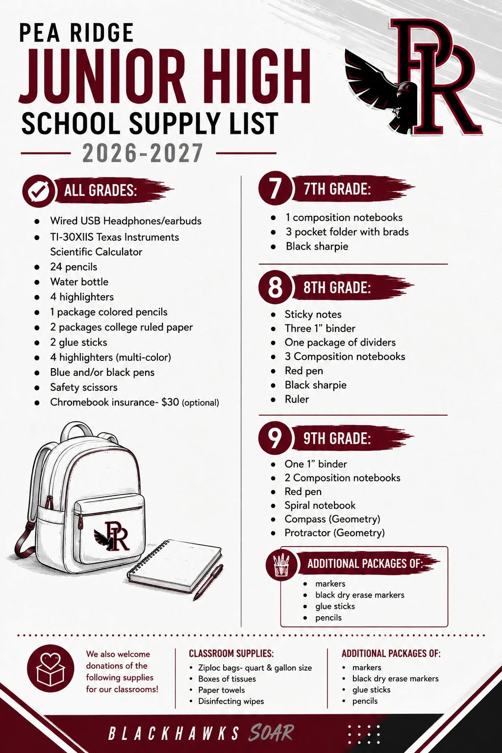 Pea Ridge Junior High School Supply List for 2026-2027, featuring items for all grades and specific grades 7, 8, and 9.