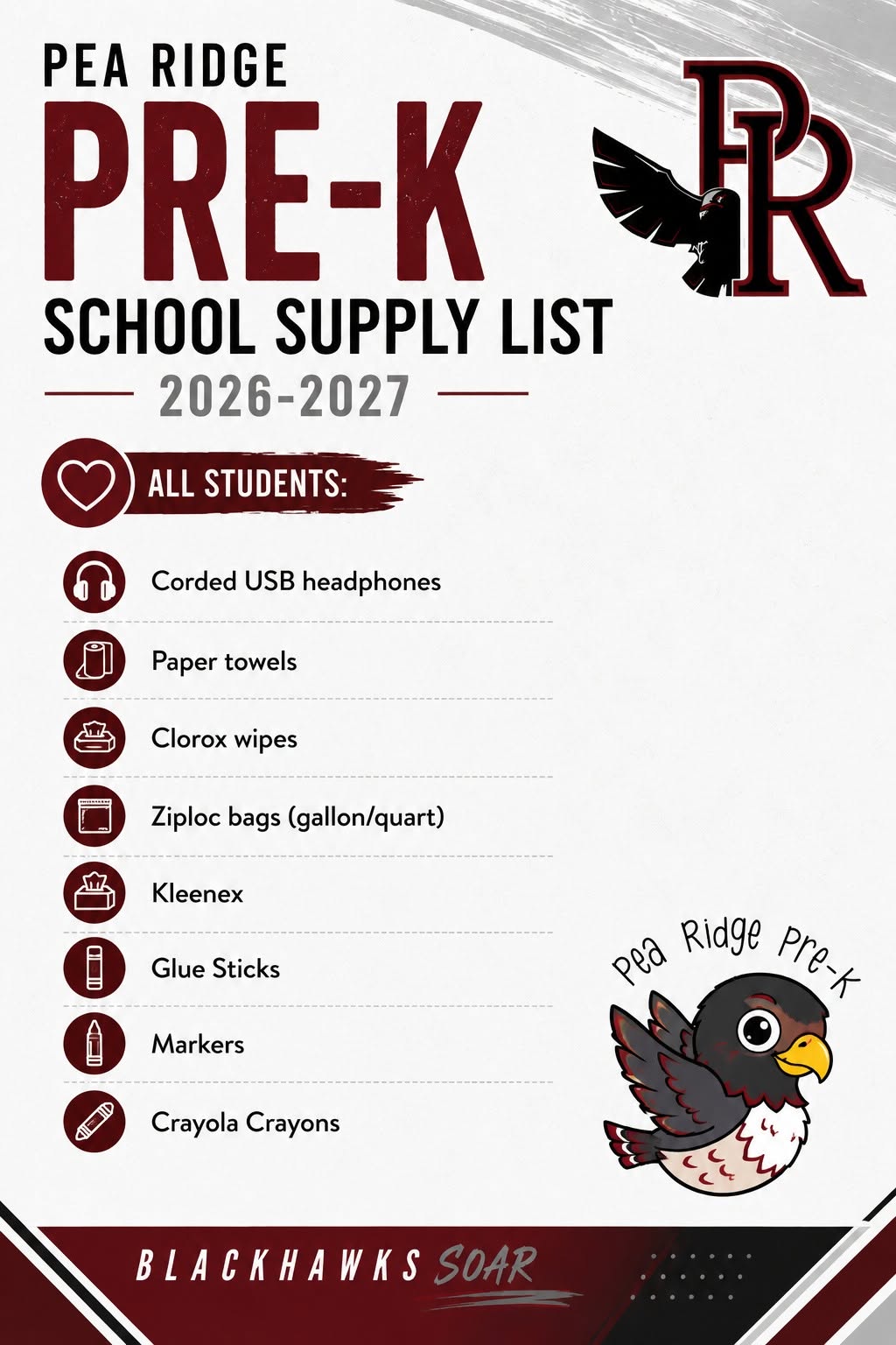 Pea Ridge Pre-K School Supply List for 2026-2027, featuring items like headphones and crayons.