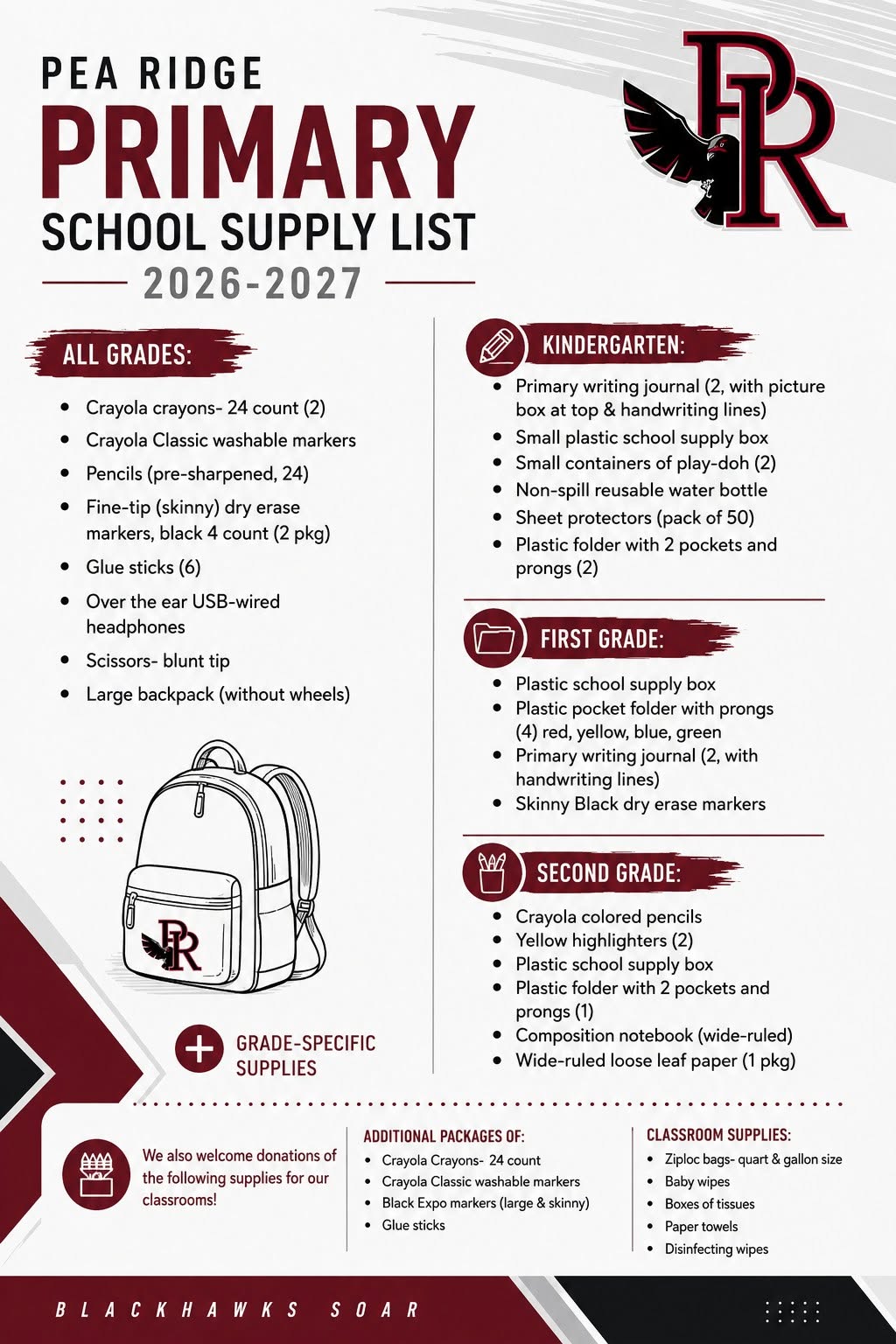 Pea Ridge Primary School Supply List for 2026-2027, featuring sections for All Grades, Kindergarten, First Grade, and Second Grade.