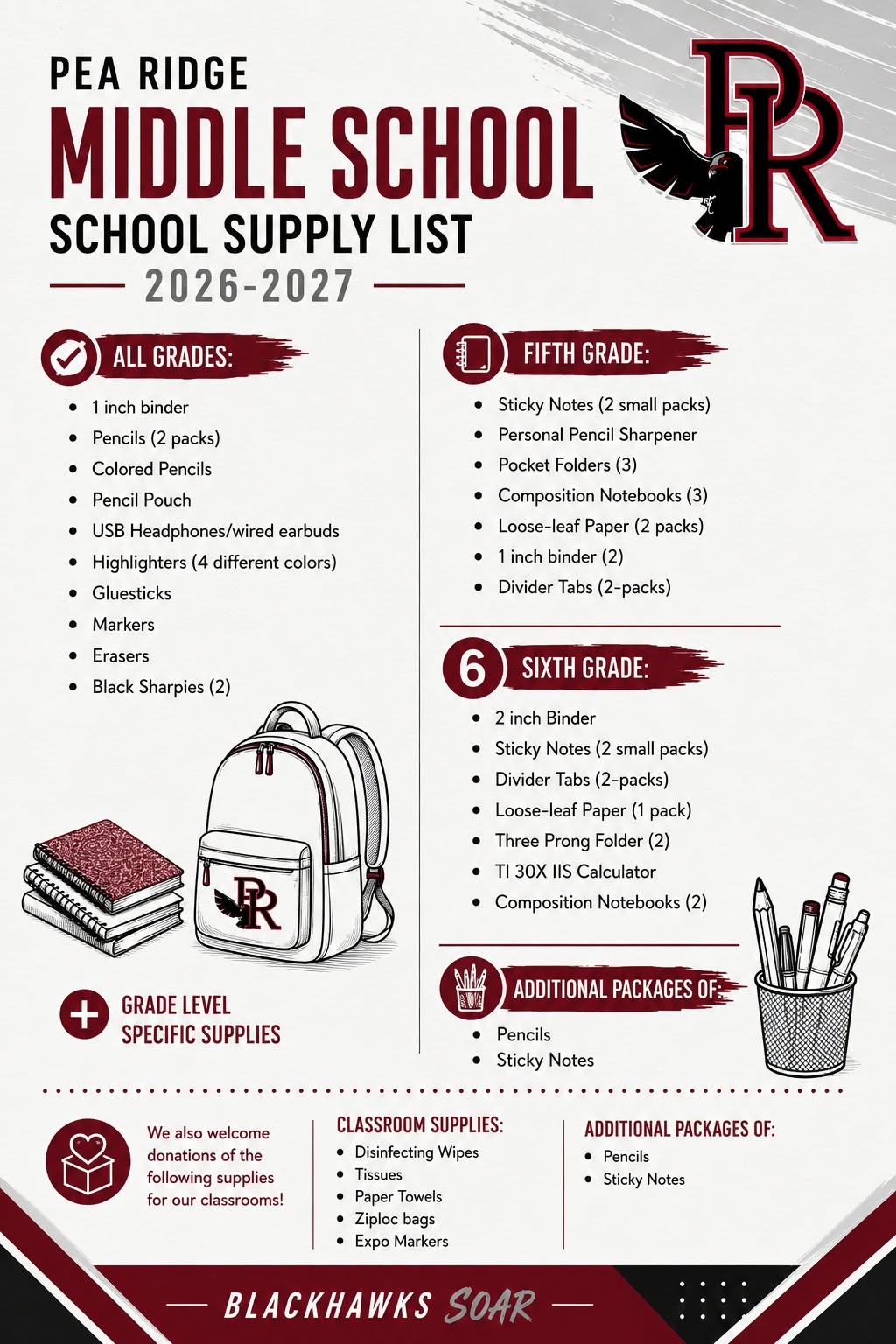 Pea Ridge Middle School 2026-2027 School Supply List with grade-specific items.