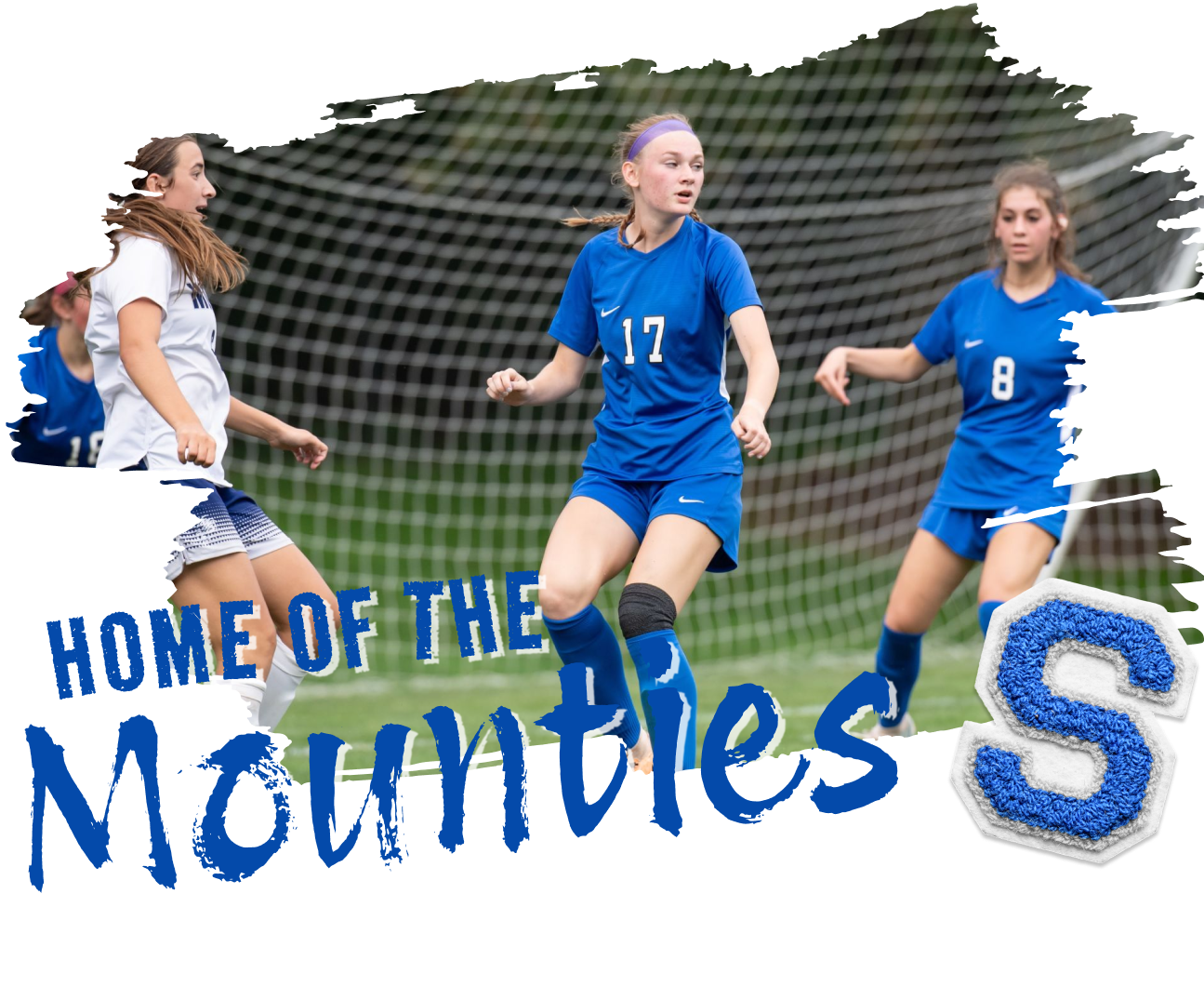 Three female soccer players in blue uniforms on a field, with a goal in the background.