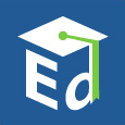 A white graduation cap sits atop the letters 'Ed' on a blue background.