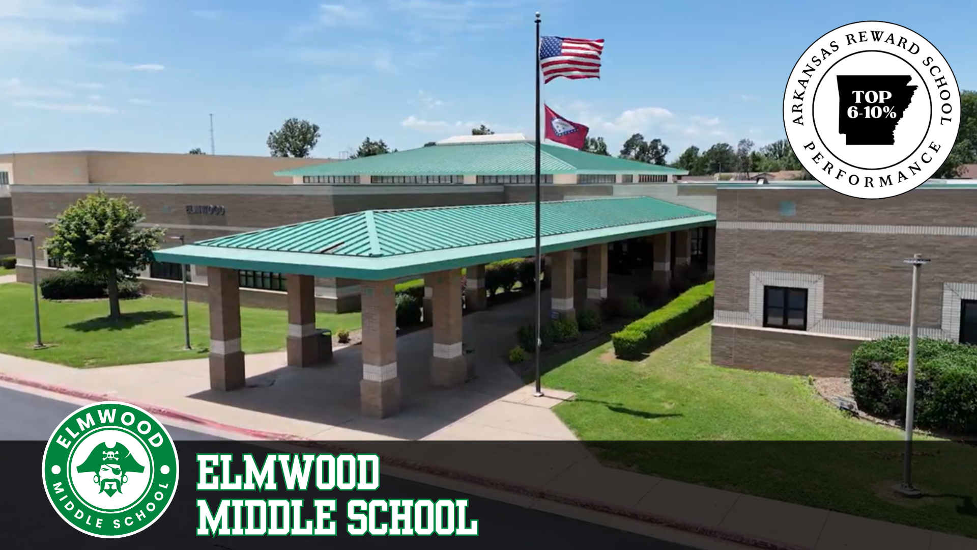 Elmwood Middle School building with American and state flags flying.