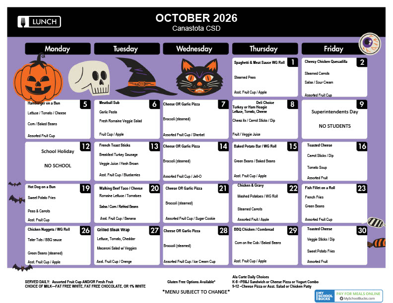 A October 2026 monthly calendar grid with a warm purple background and halloween decorations.
